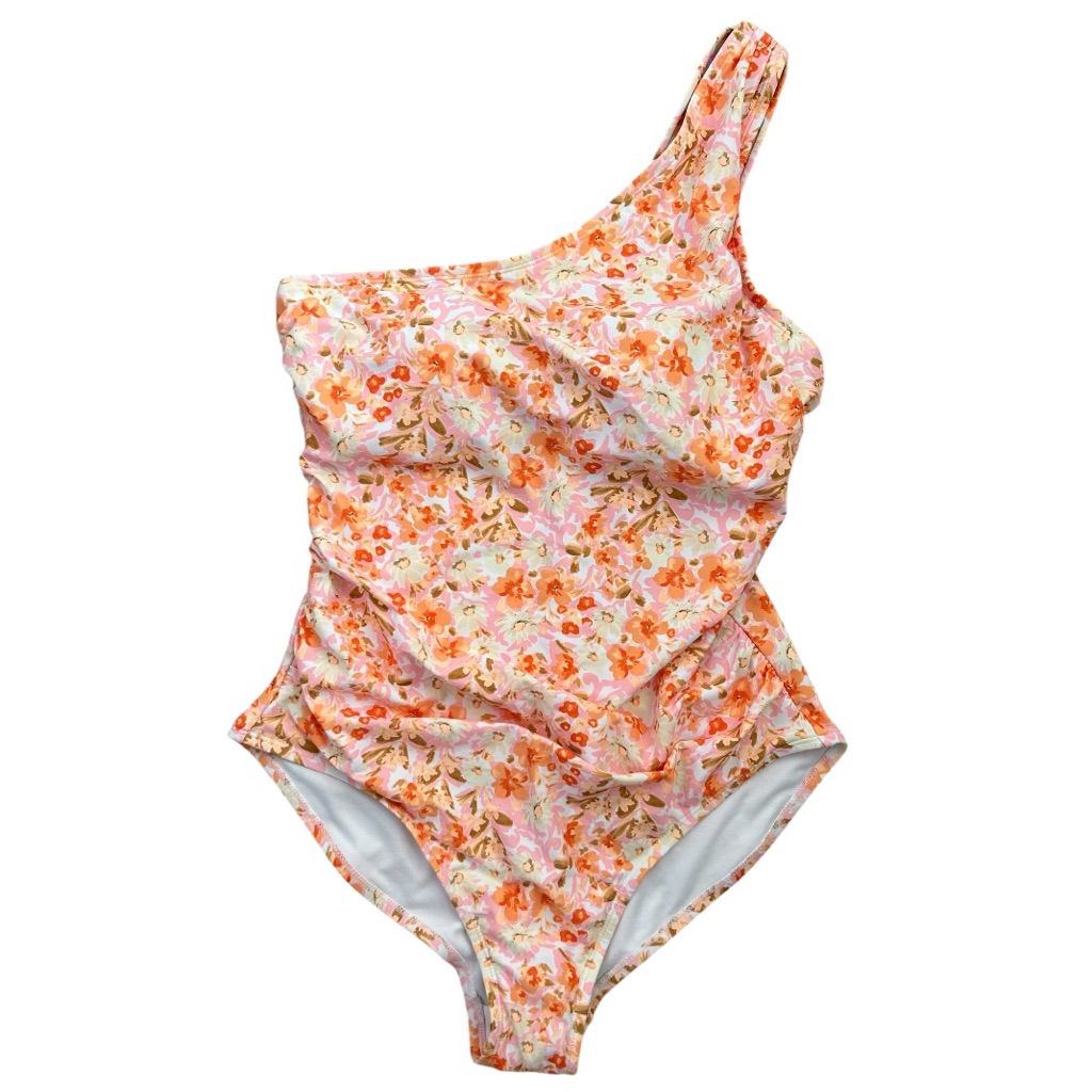 Kona Sol Plus Women’s One Shoulder Swimsuit Floral Orange Pink Hues Ruching Xl